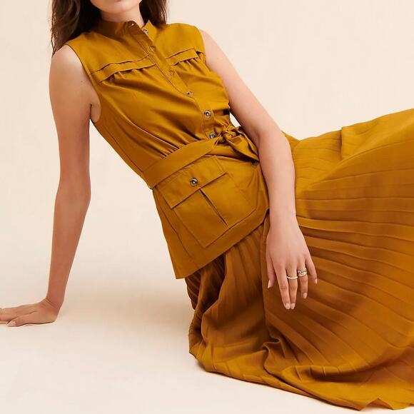 Anthropologie Pleated Sleeveless Midi Dress in "Cedar" Brown Size 2X - Picture 2 of 14